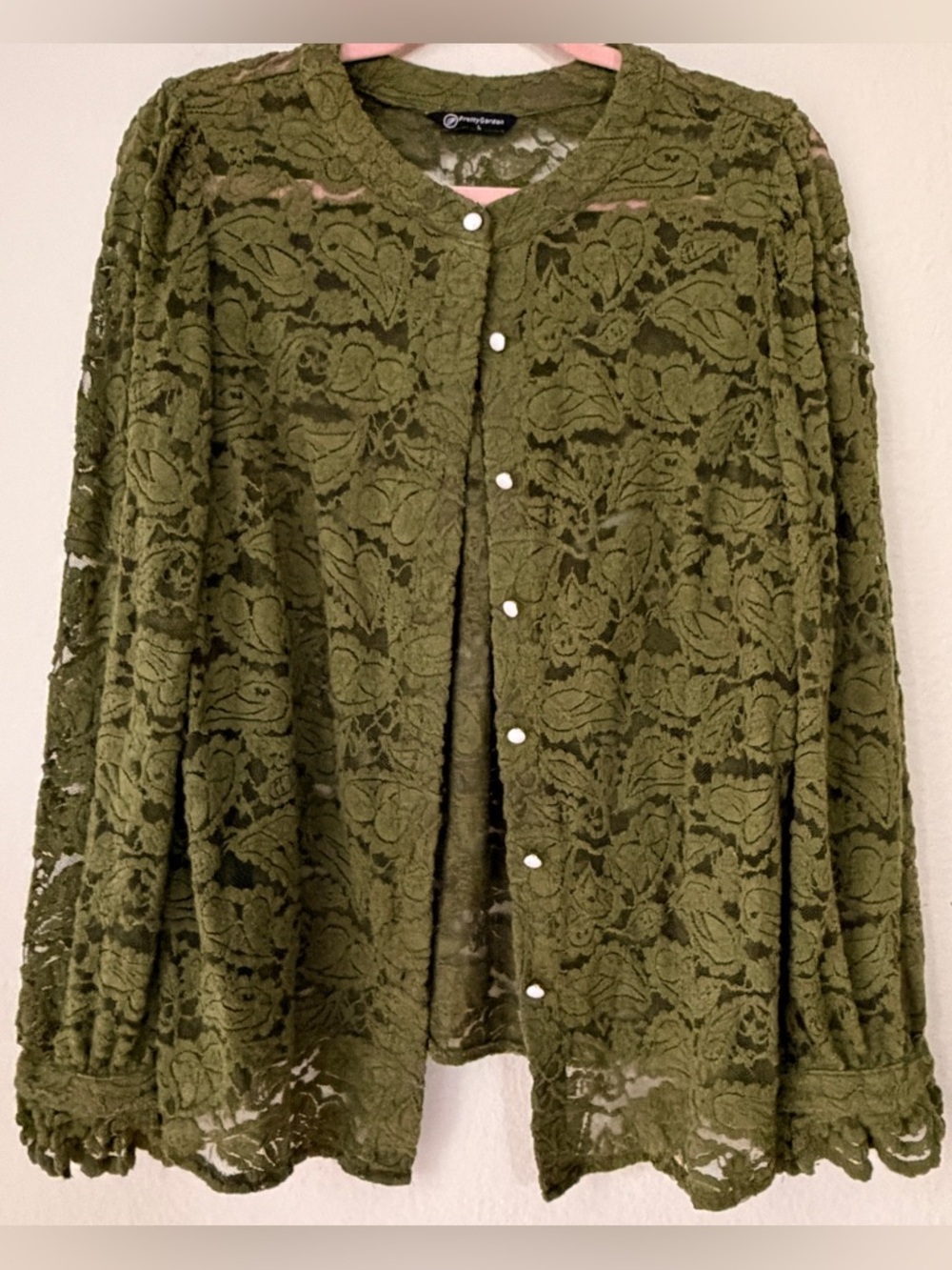 PrettyGarden Olive Green Lace Crochet Button Front Blouse Boho Fairycore Size L